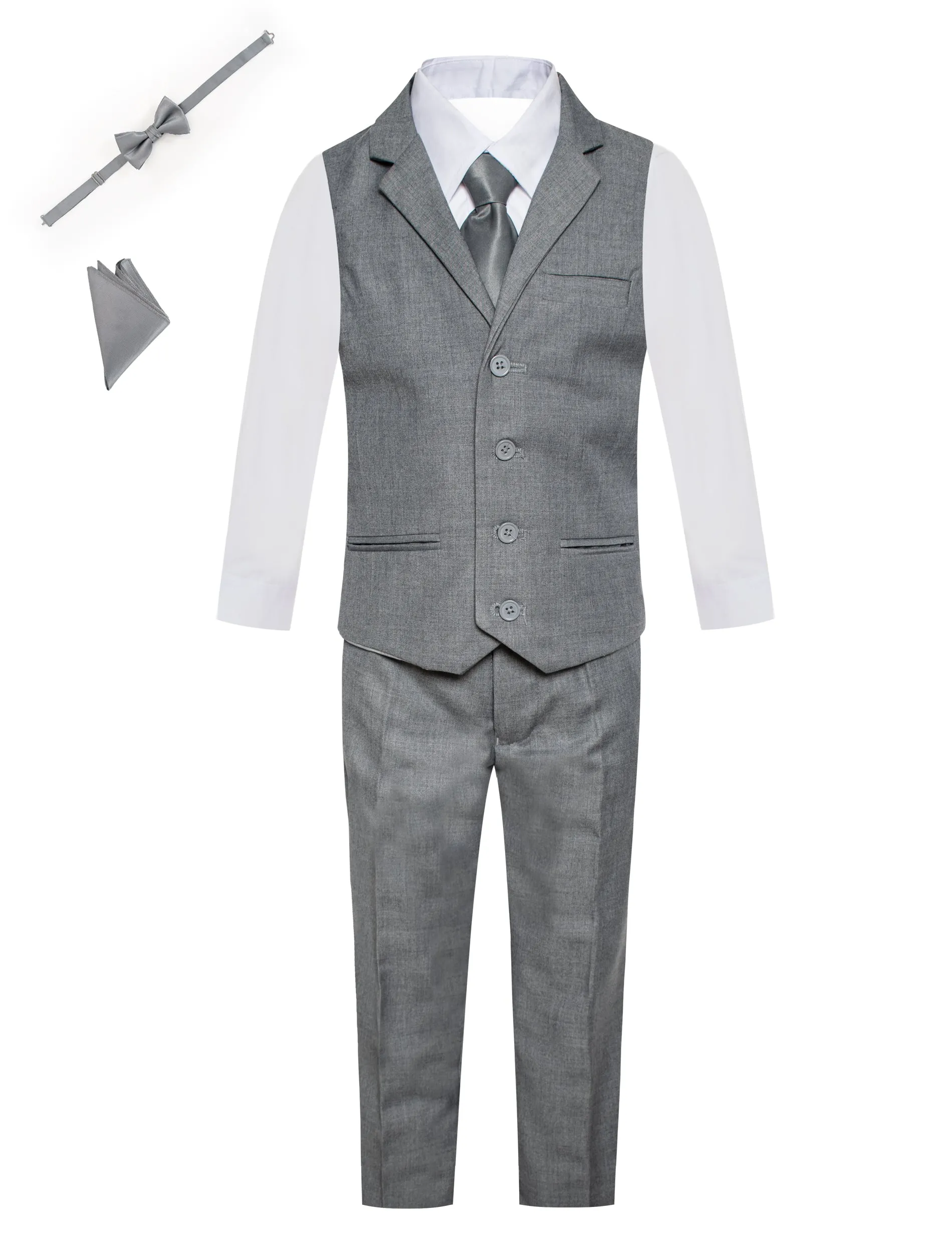 Boys Suit Vest 6 Piece Set: Notch Lapel Buttoned Vest, Dress Shirt, Pants, Tie, Bowtie, Pocket Square