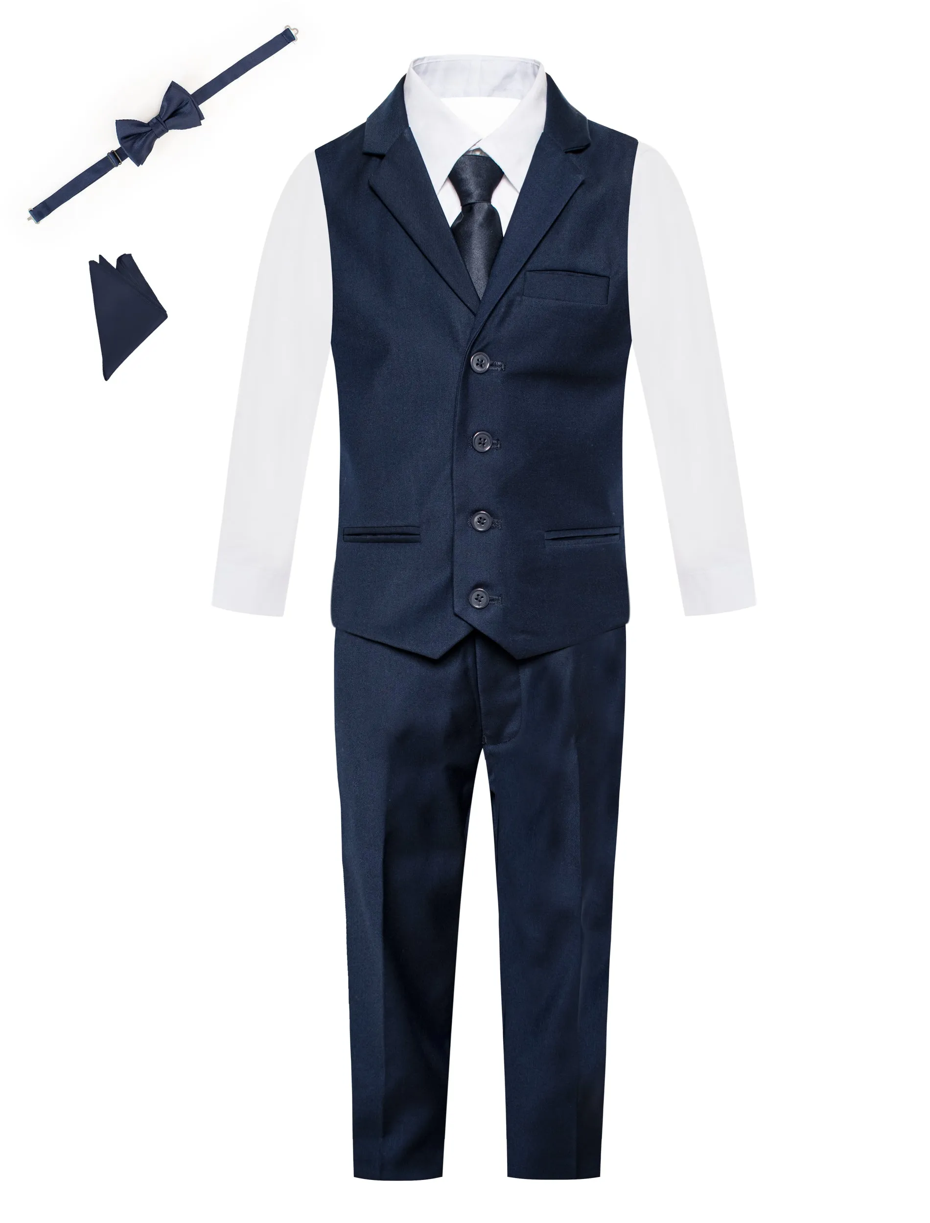 Boys Suit Vest 6 Piece Set: Notch Lapel Buttoned Vest, Dress Shirt, Pants, Tie, Bowtie, Pocket Square