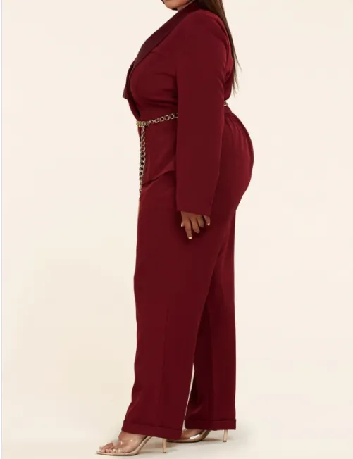 Burgundy Blazer Jumpsuit with keyhole back cutout (Plus Size).