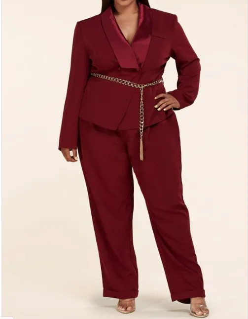 Burgundy Blazer Jumpsuit with keyhole back cutout (Plus Size).