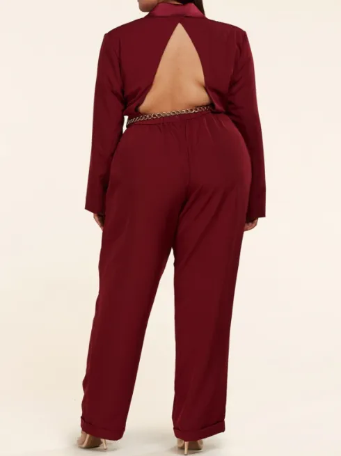 Burgundy Blazer Jumpsuit with keyhole back cutout (Plus Size).