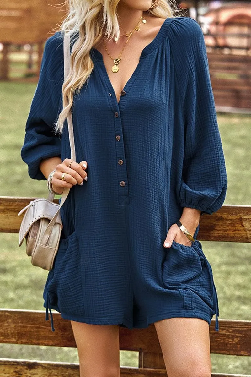 BUTTON UP DRAW STRING POCKET LONGSLEEVE JUMPSUIT