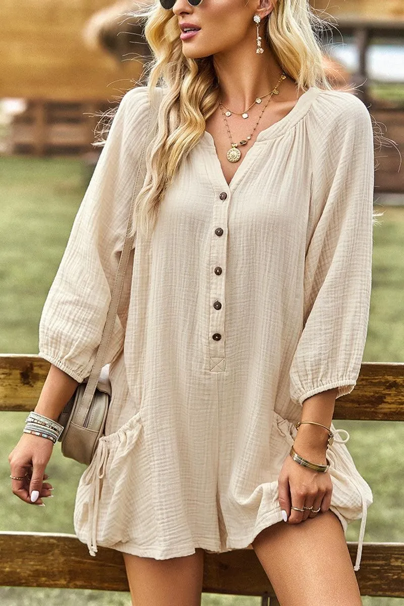 BUTTON UP DRAW STRING POCKET LONGSLEEVE JUMPSUIT