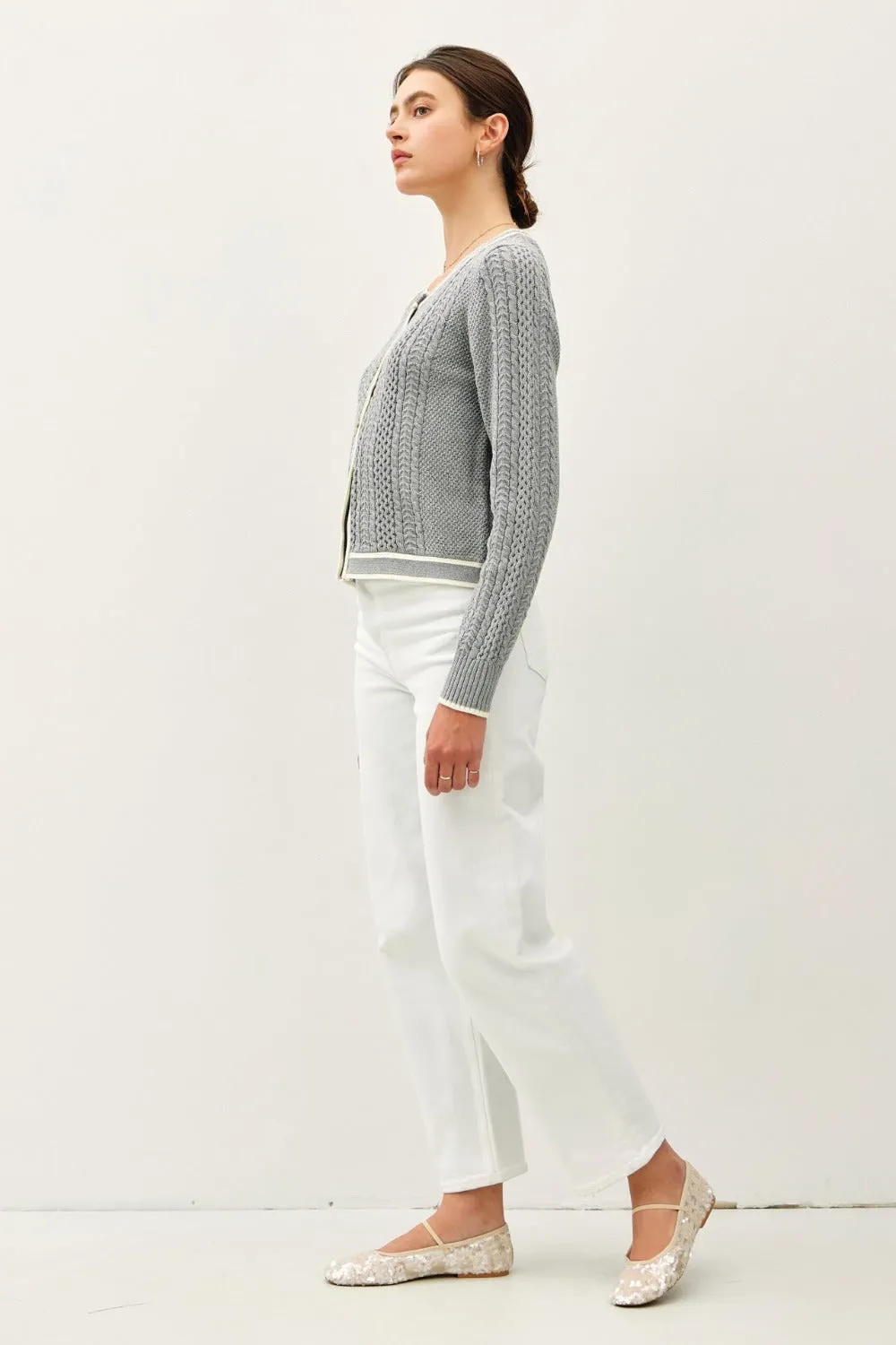 Cable Knit Long Sleeve Contrast Edge Cardigan