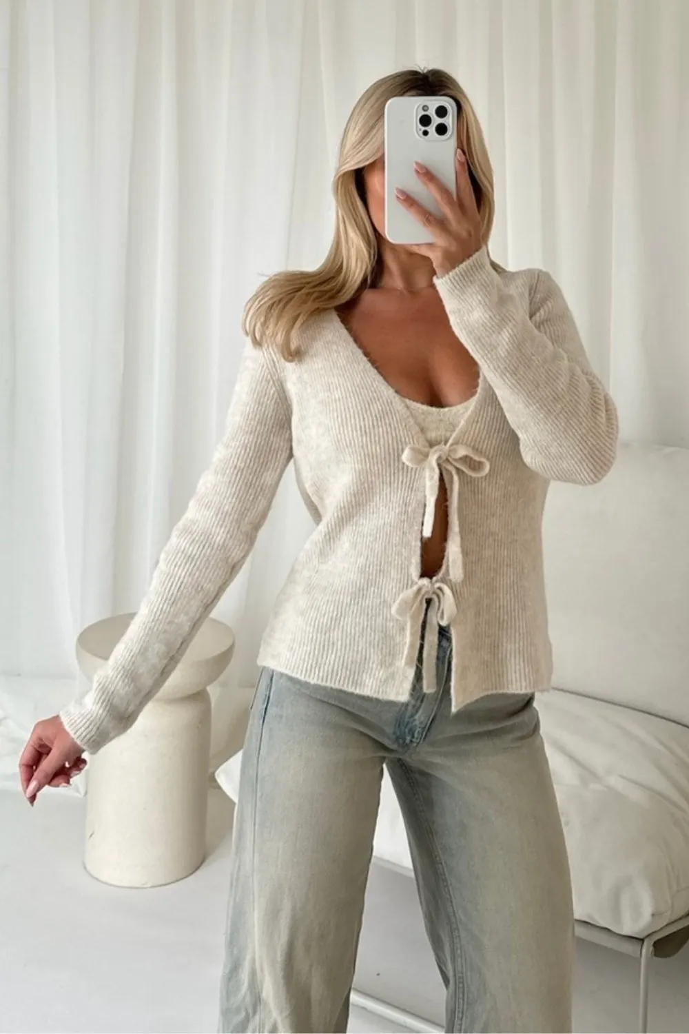 Carly cream tie front cardigan