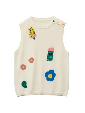 Cartoon Embroidery Kawaii Cute Women Knitted Vest Autumn Winter New Design Sleeveless O-neck Sweaters Ladies Pullover Tops