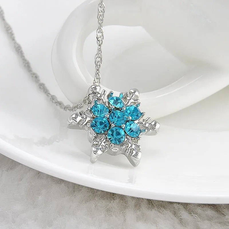 Charm Vintage lady Blue Crystal Snowflake Zircon Flower Silver Necklaces