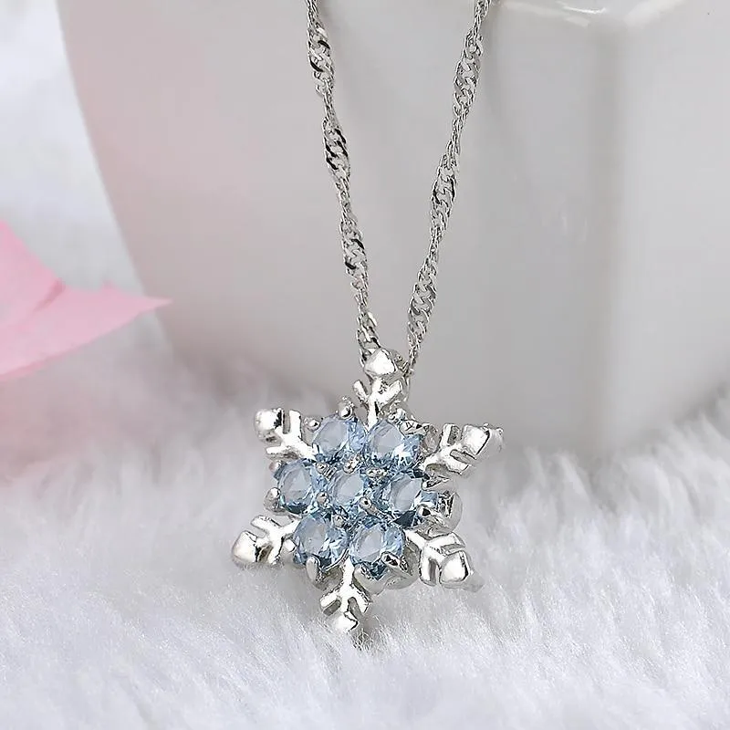 Charm Vintage lady Blue Crystal Snowflake Zircon Flower Silver Necklaces