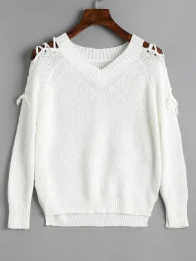 Chic V Neck Raglan Sleeve Lace Up Sweater