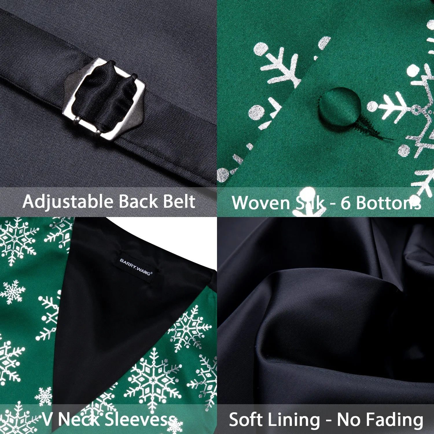 Christmas DarkGreen White Snowflake Silk Men's Vest Hanky Cufflinks Tie Set