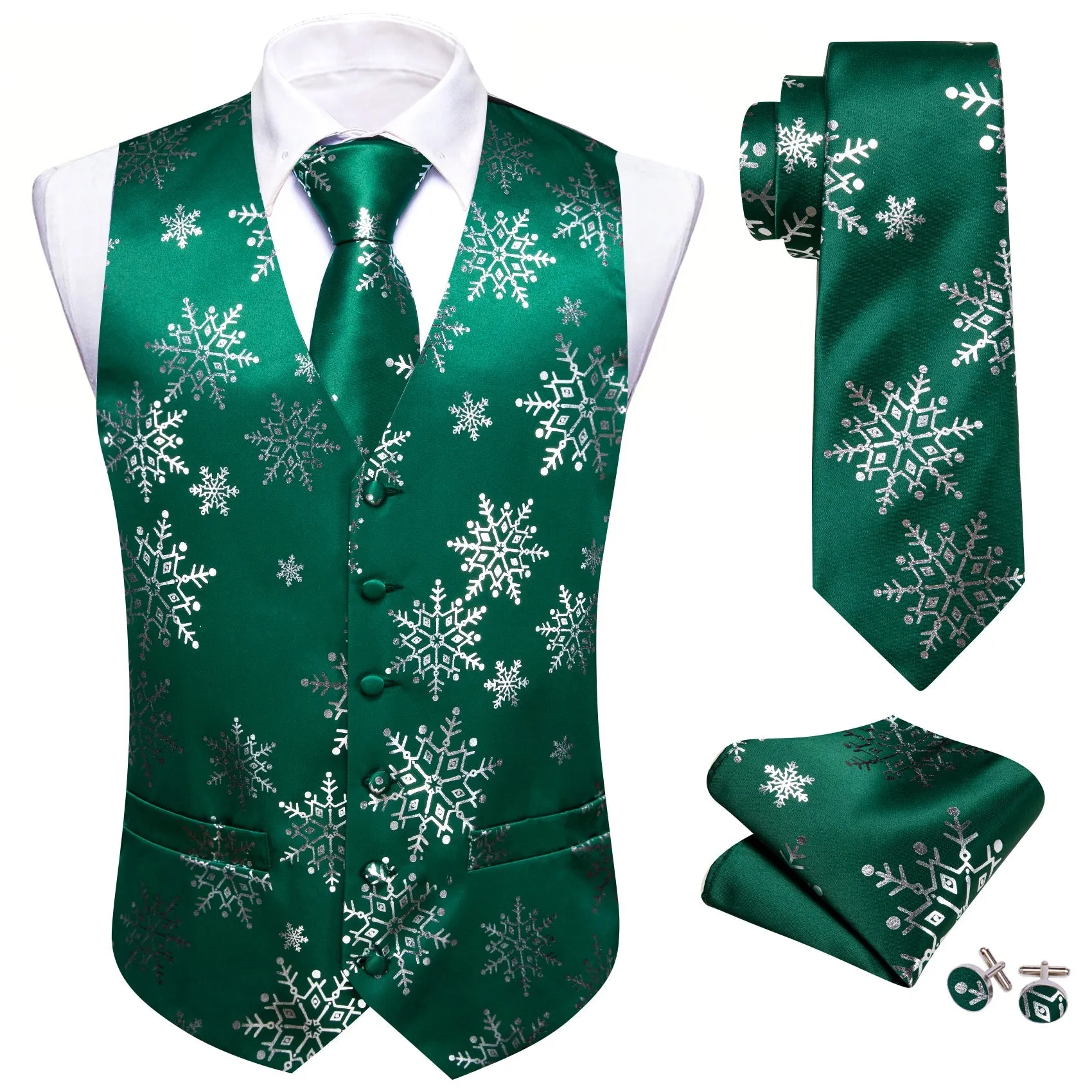 Christmas DarkGreen White Snowflake Silk Men's Vest Hanky Cufflinks Tie Set