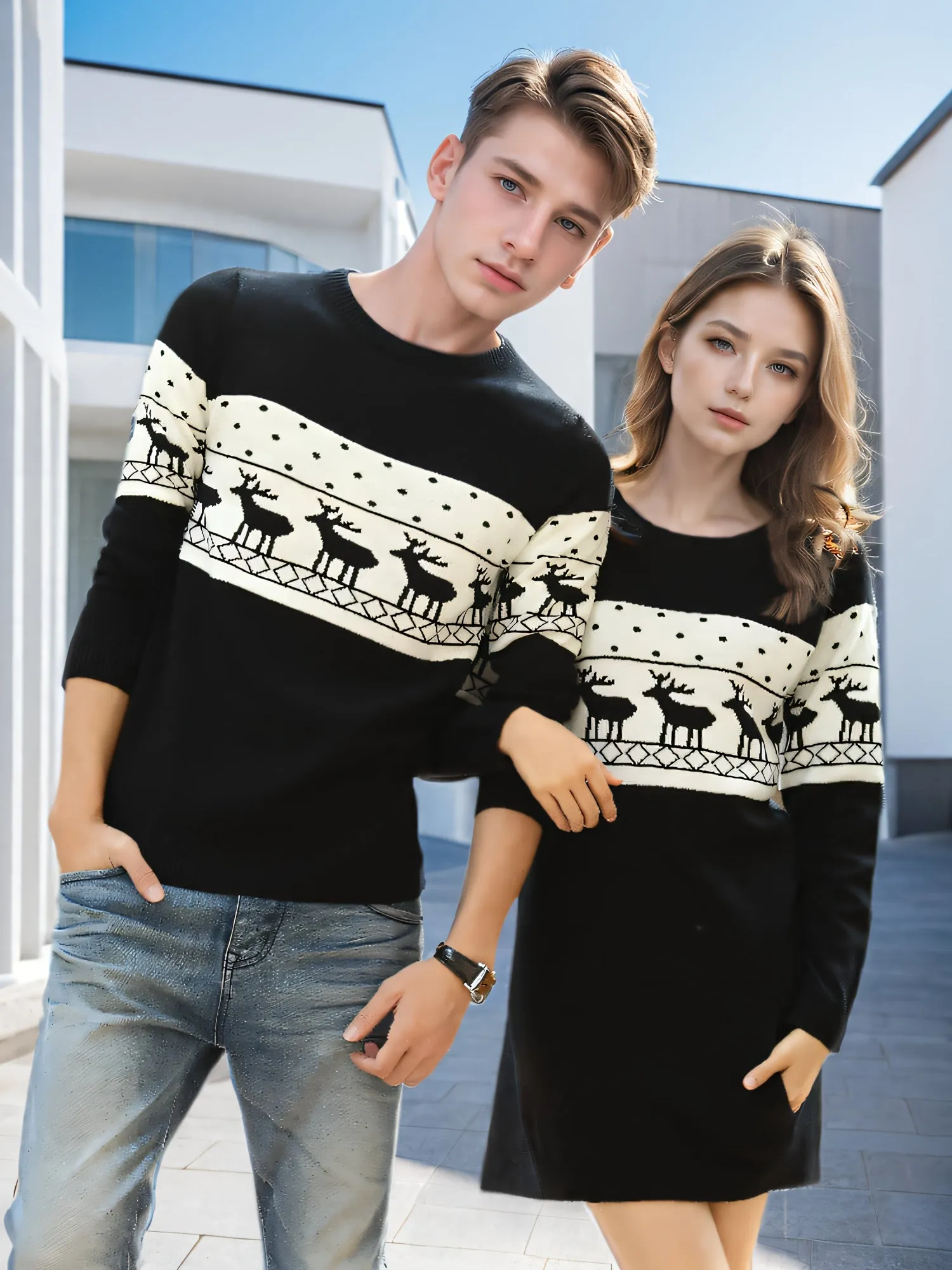 Christmas Reindeer Pattern Crew Neck Sweater, Casual Long Sleeve Sweater For Fall & Winter, Women's Clothing