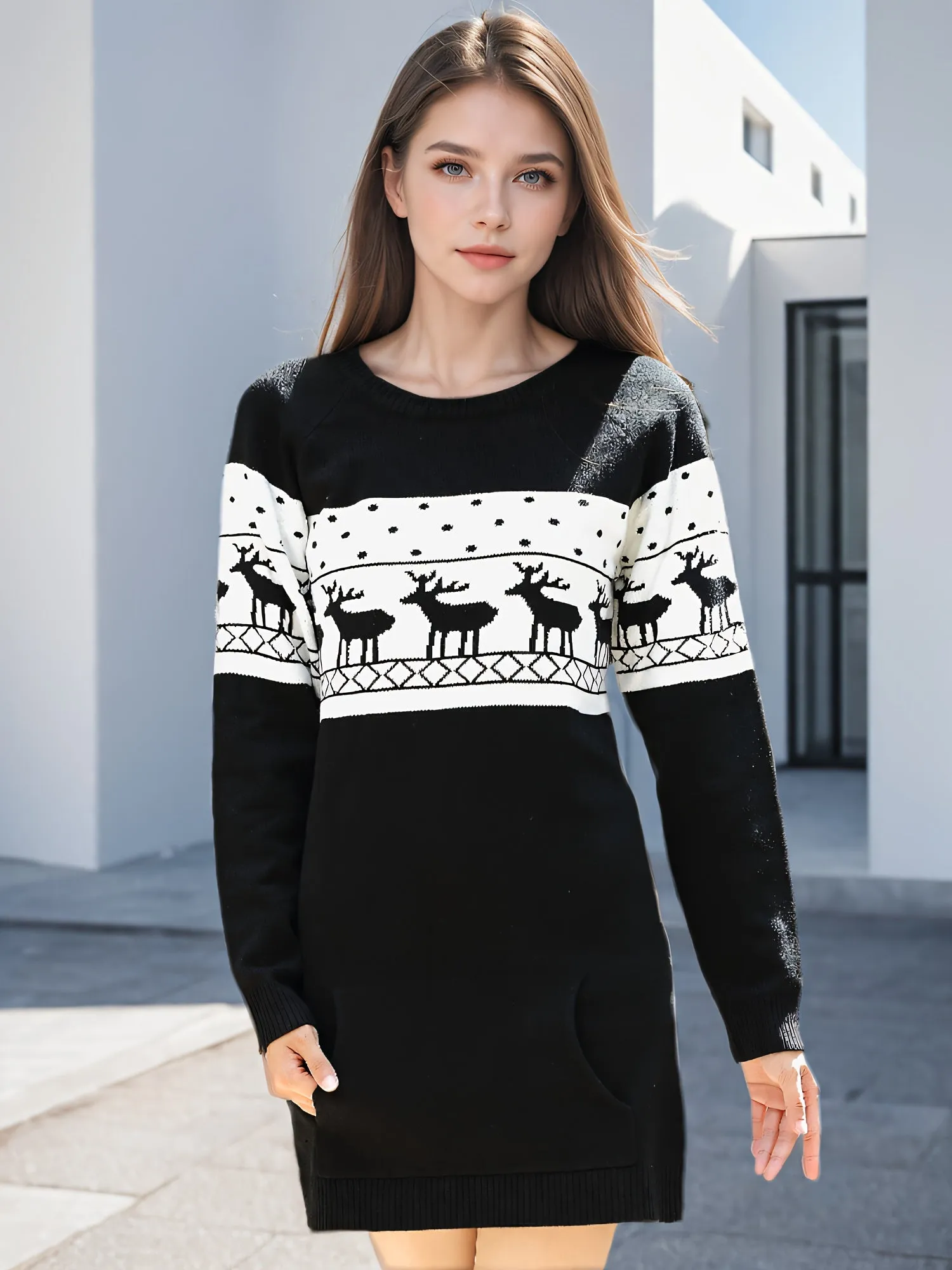 Christmas Reindeer Pattern Crew Neck Sweater, Casual Long Sleeve Sweater For Fall & Winter, Women's Clothing