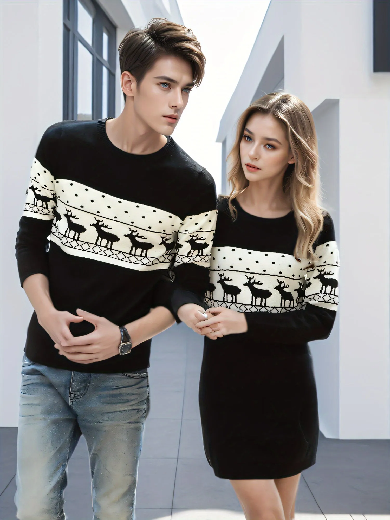 Christmas Reindeer Pattern Crew Neck Sweater, Casual Long Sleeve Sweater For Fall & Winter, Women's Clothing