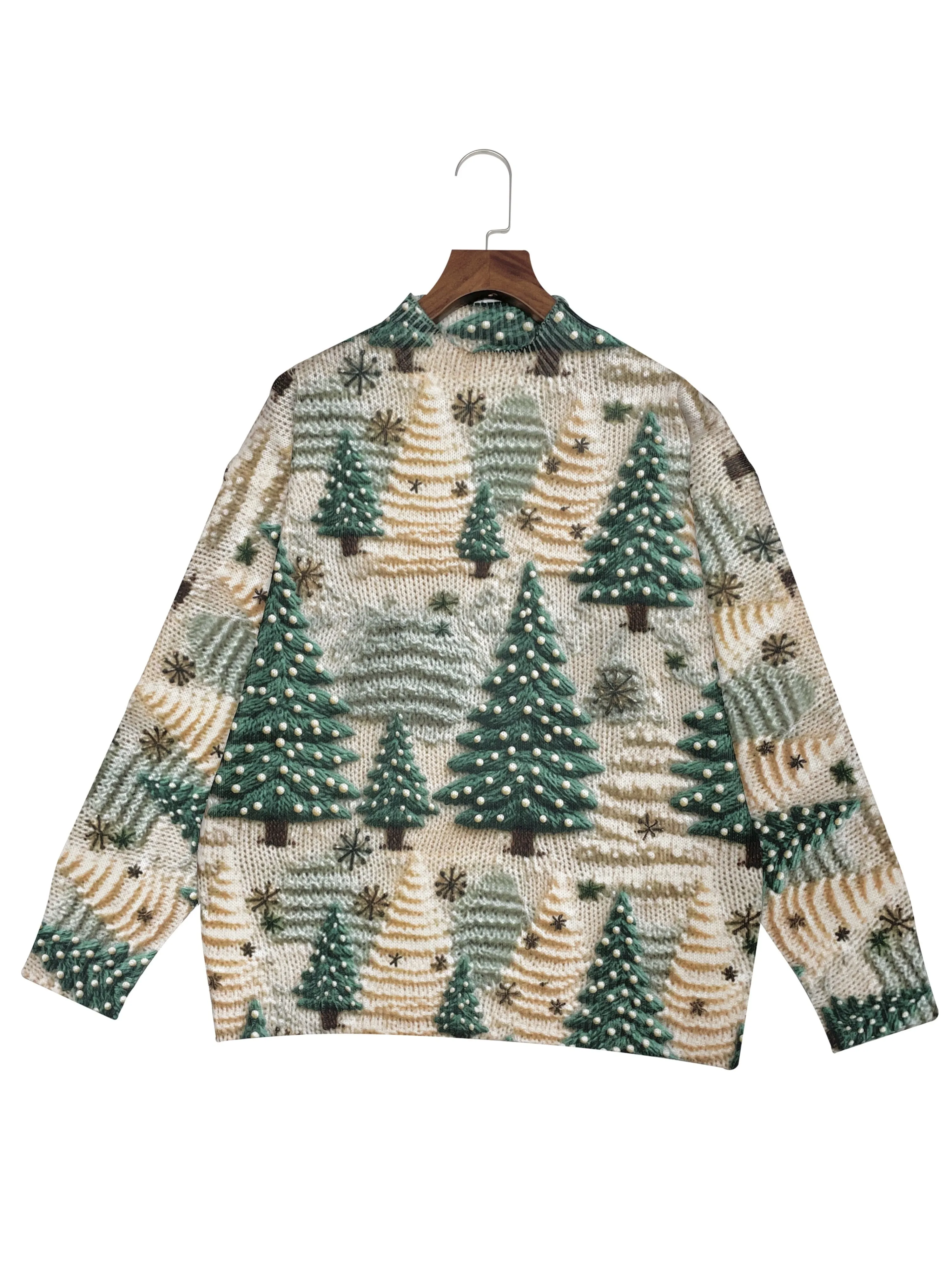 Cozy 3D Christmas Tree Print Sweater for Women - Thick, Soft Polyester, Mock Neck Pullover with Long Sleeves