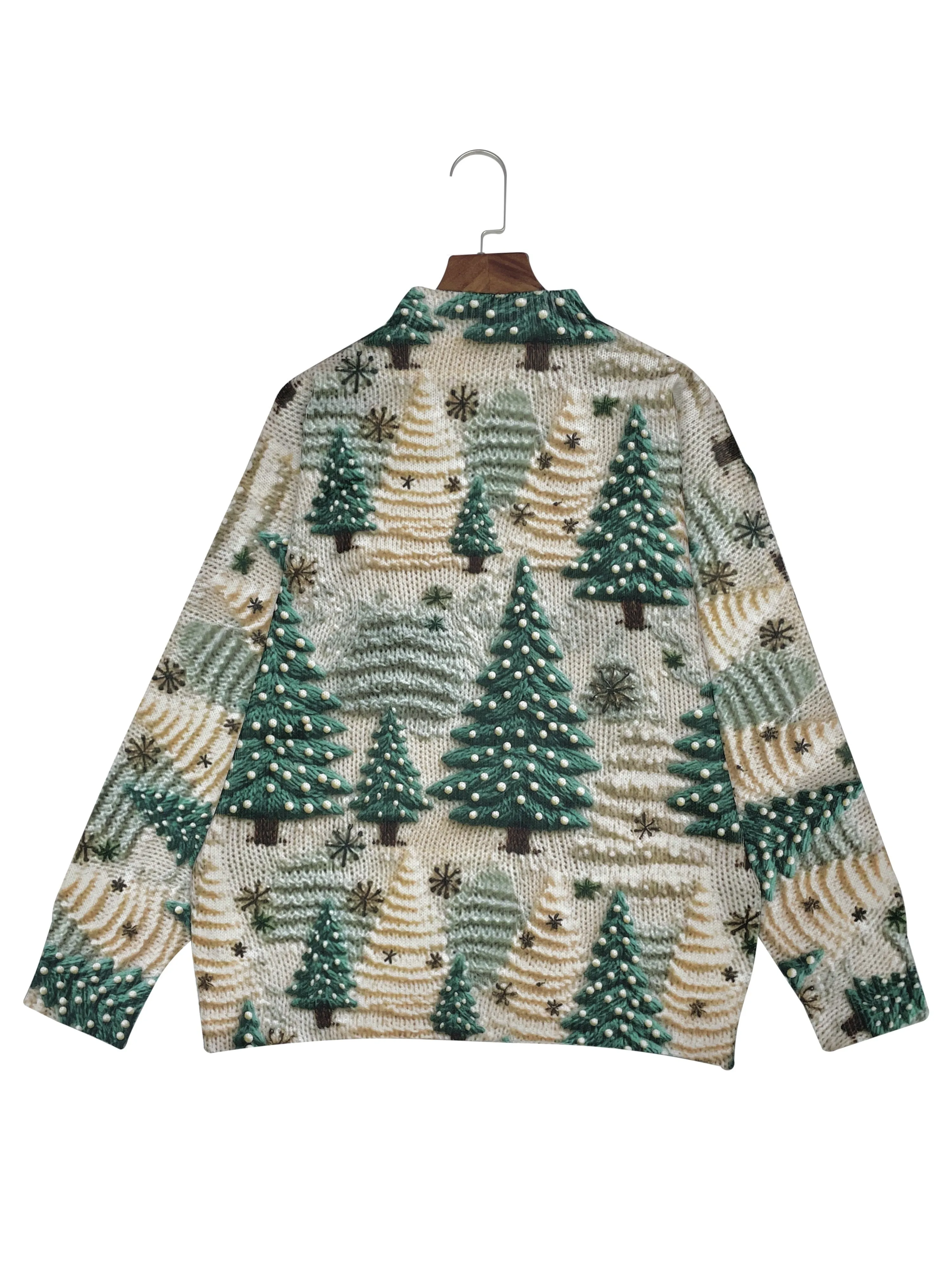 Cozy 3D Christmas Tree Print Sweater for Women - Thick, Soft Polyester, Mock Neck Pullover with Long Sleeves