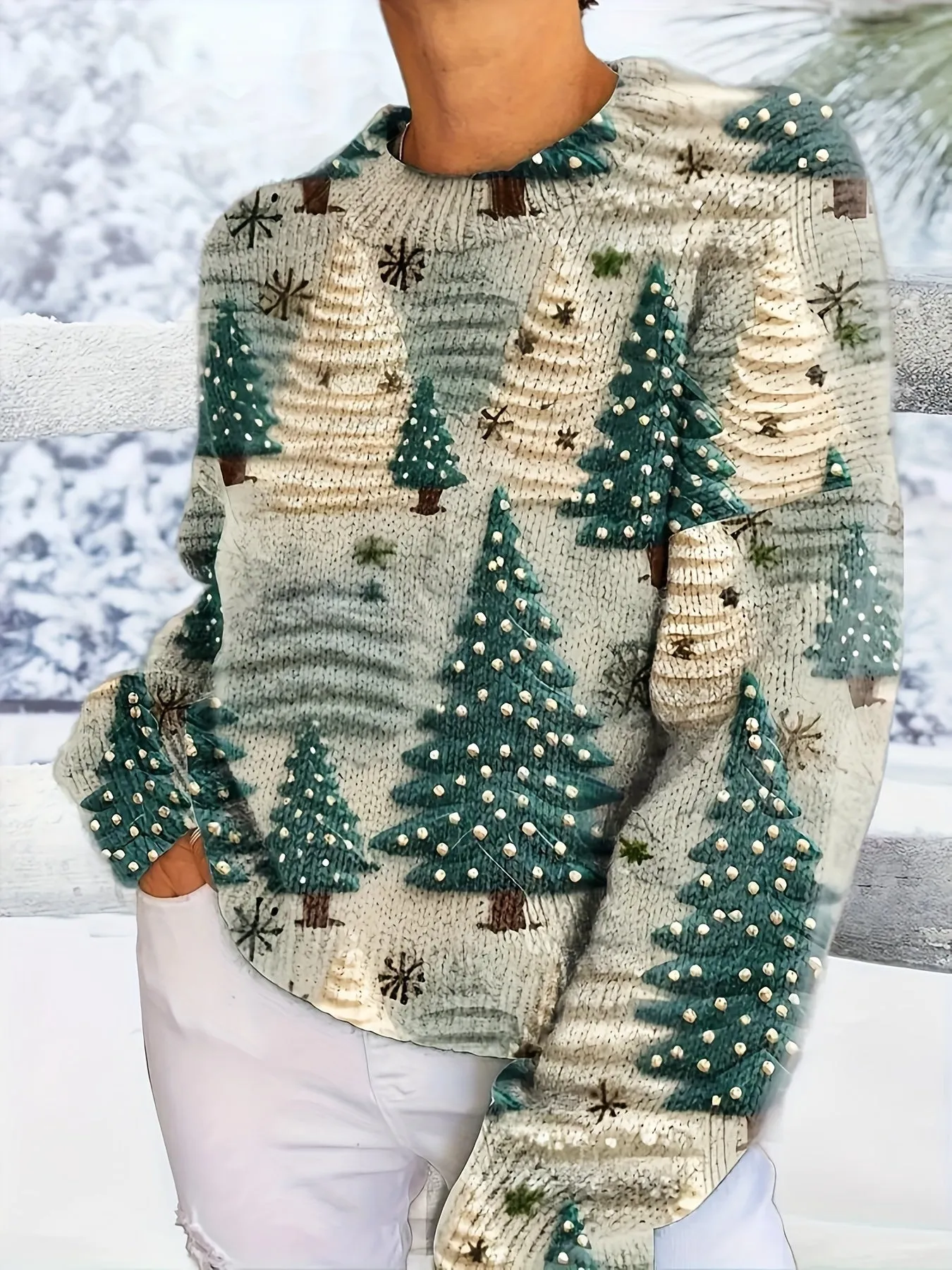 Cozy 3D Christmas Tree Print Sweater for Women - Thick, Soft Polyester, Mock Neck Pullover with Long Sleeves