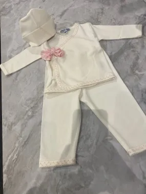 Cream 3 Piece Set with Pink Trim & Bow