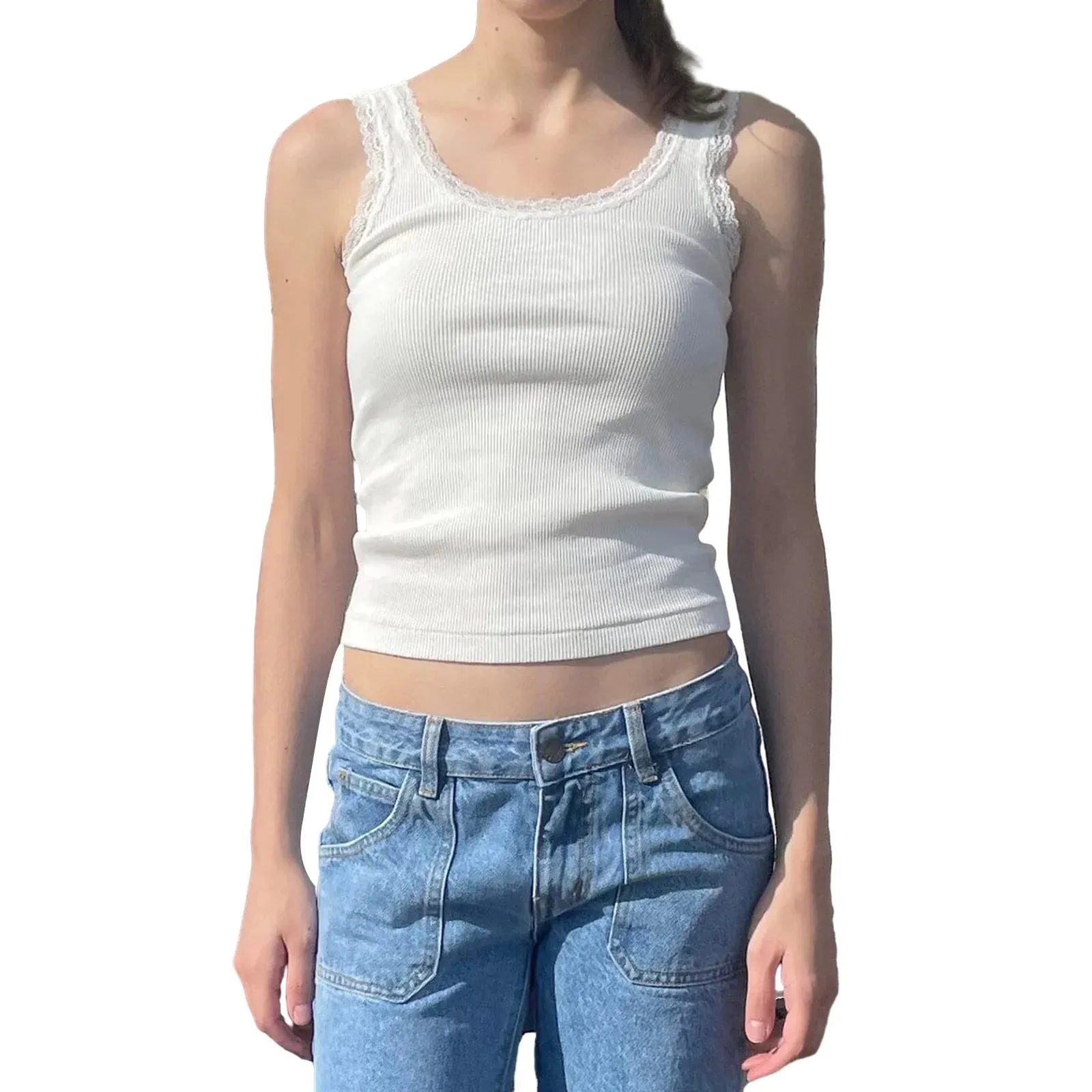 Crew Neck Lace Trim Slim Fit Summer Streetwear Crop Sleeveless Top