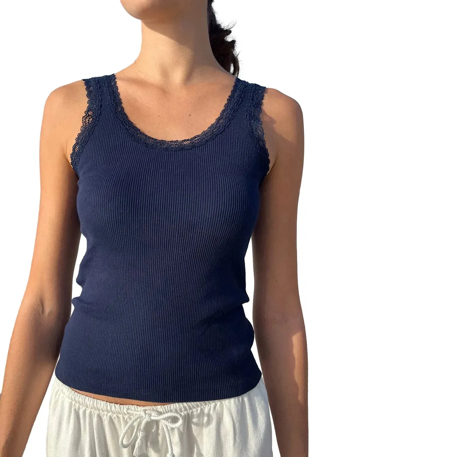 Crew Neck Lace Trim Slim Fit Summer Streetwear Crop Sleeveless Top