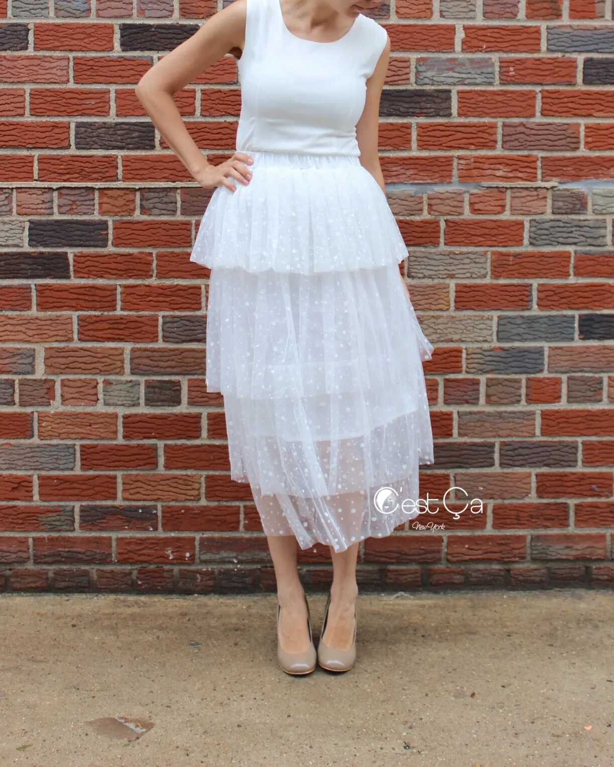 Crystal White Polka Dot Tiered Tulle Skirt - Maxi / Tea Length