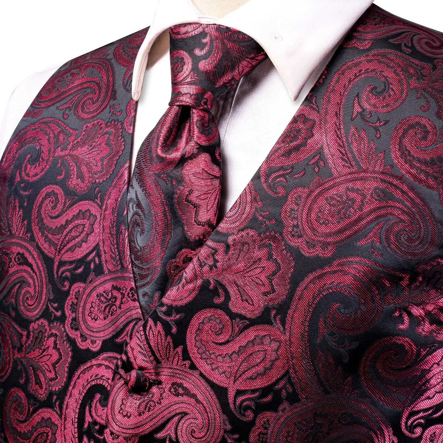 Dark Red Paisley Jacquard Silk Men's Vest Hanky Cufflinks Tie Set