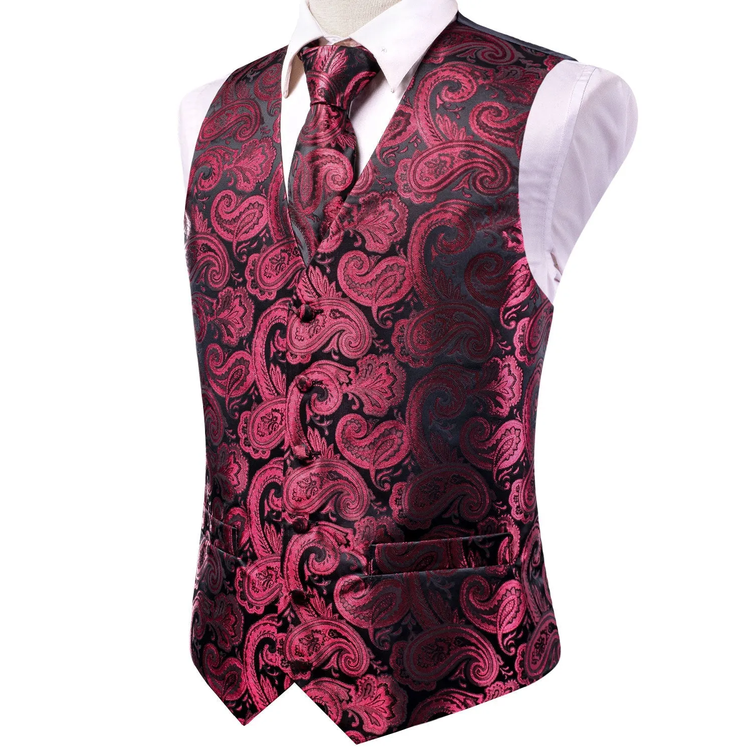 Dark Red Paisley Jacquard Silk Men's Vest Hanky Cufflinks Tie Set