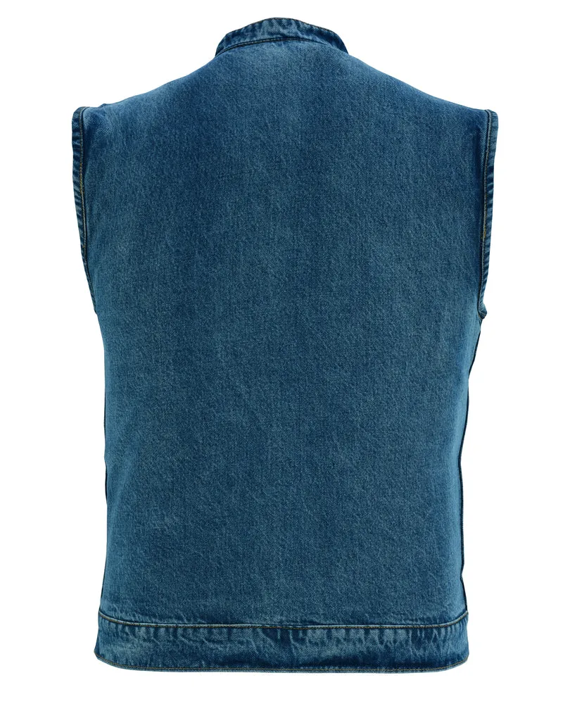 DM989BU Concealed Snap Closure, Blue Denim Vest Material, Scoop Collar & Hidden Zipper