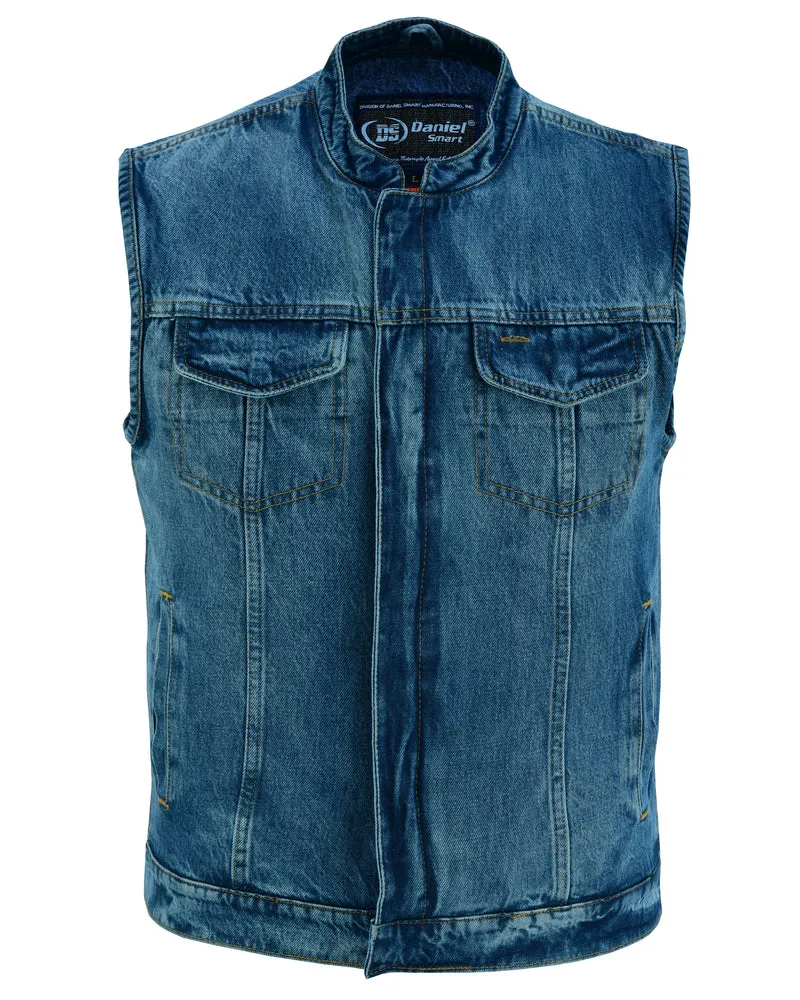 DM989BU Concealed Snap Closure, Blue Denim Vest Material, Scoop Collar & Hidden Zipper