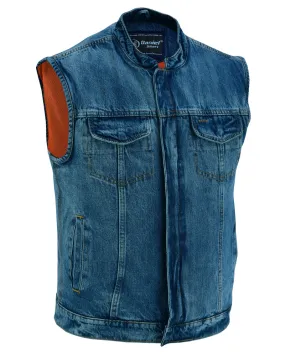 DM989BU Concealed Snap Closure, Blue Denim Vest Material, Scoop Collar & Hidden Zipper