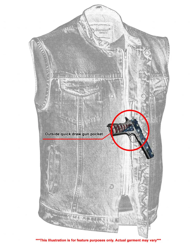 DM989BU Concealed Snap Closure, Blue Denim Vest Material, Scoop Collar & Hidden Zipper