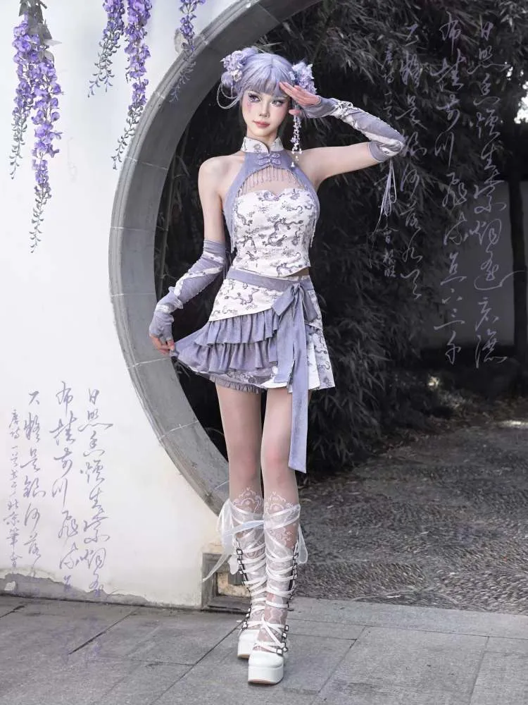 Dragon Pattern Chinese Style Layered Pleated Mini Skirt【s0000009036】