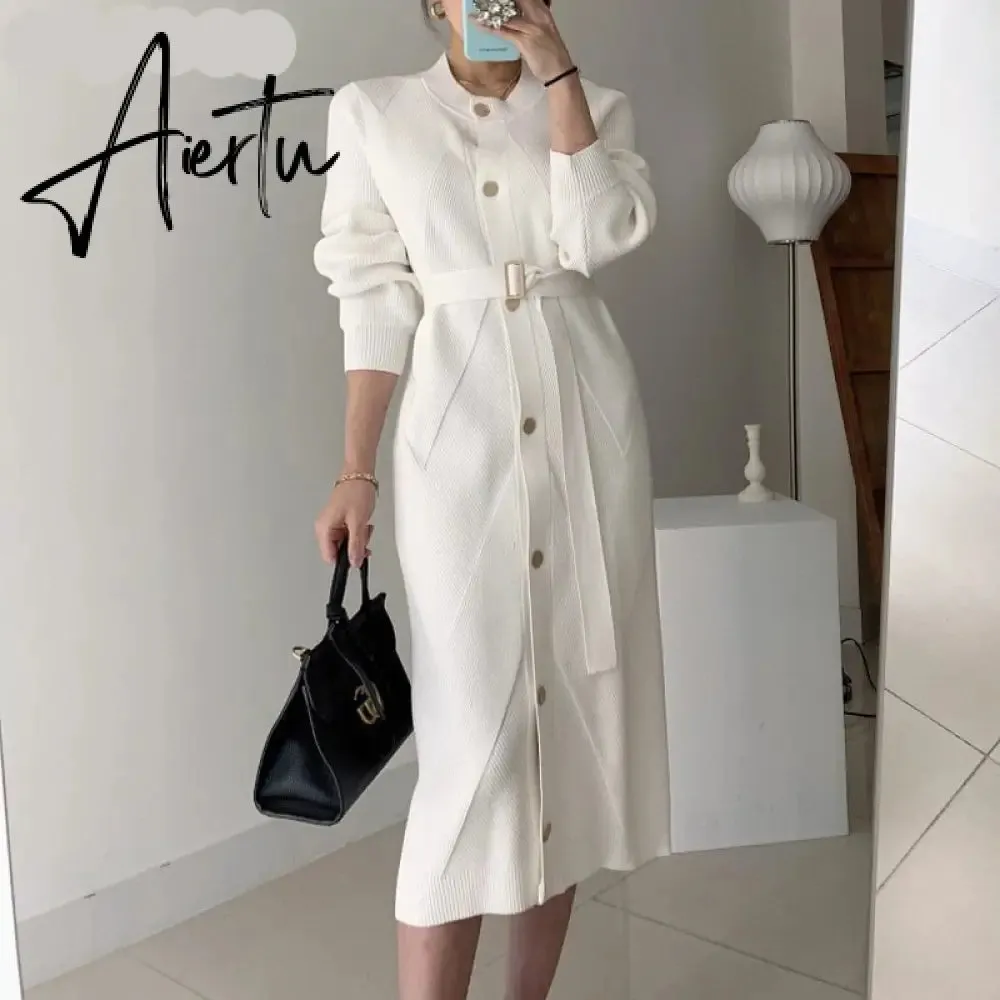 Elegant O-neck Single-breasted Women Solid Sweater Dress OL Style Long Sleeve Belted Knitted Mid-length Dress Female