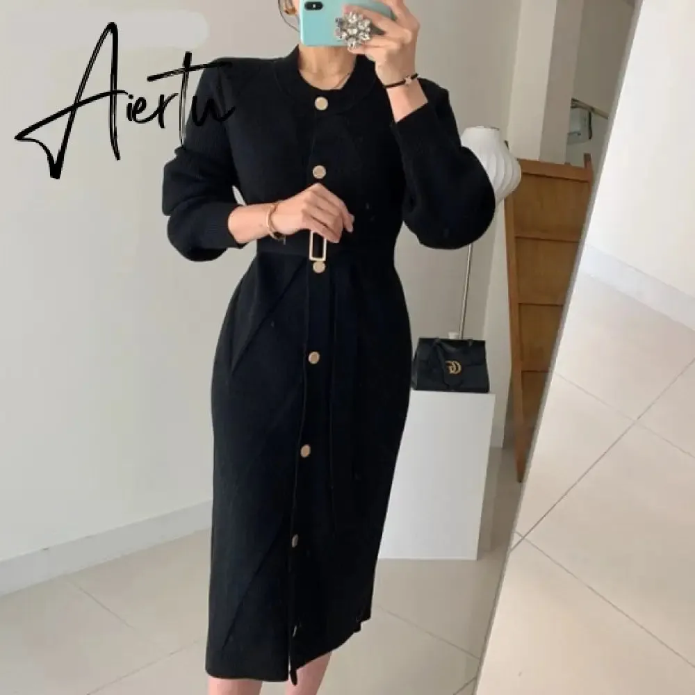 Elegant O-neck Single-breasted Women Solid Sweater Dress OL Style Long Sleeve Belted Knitted Mid-length Dress Female