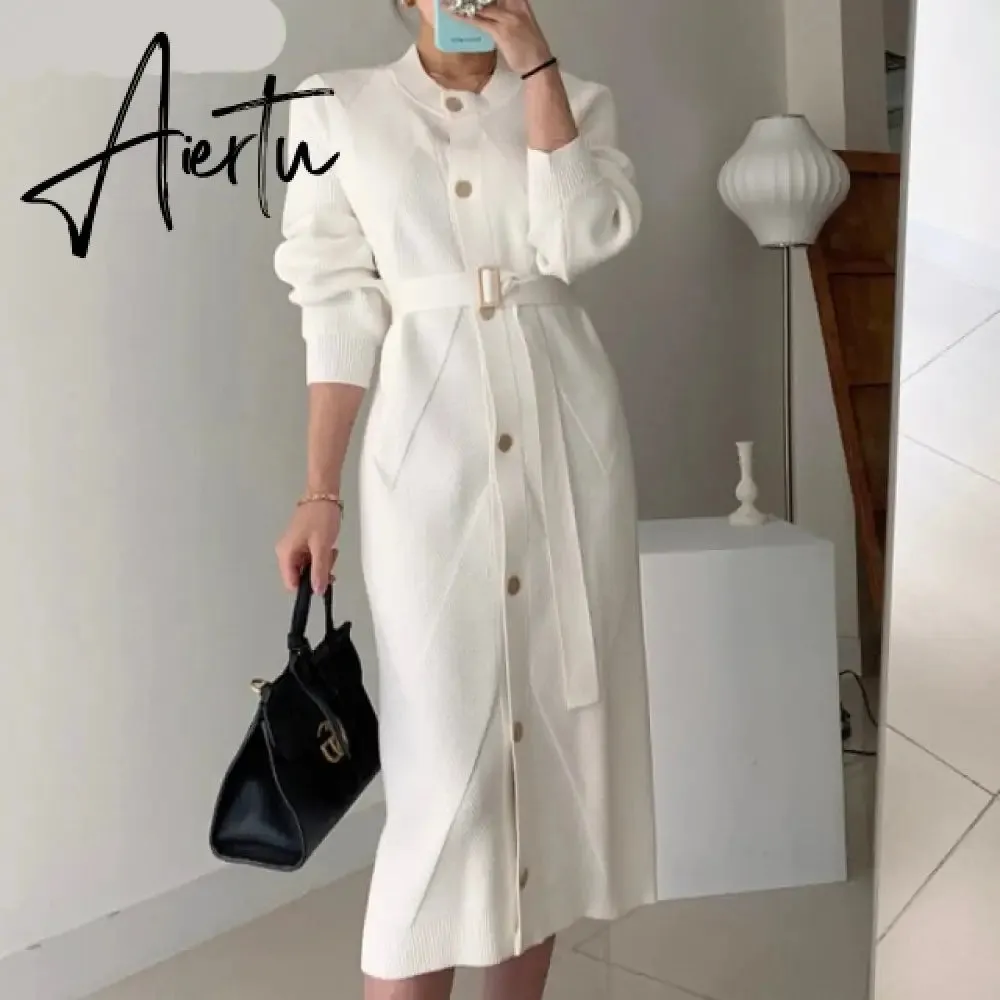 Elegant O-neck Single-breasted Women Solid Sweater Dress OL Style Long Sleeve Belted Knitted Mid-length Dress Female