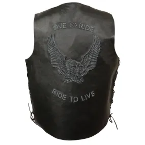 ELM3900BLACK Embossed Eagle Men's Side Lace Live to Ride Vest w/ Flying Eagle