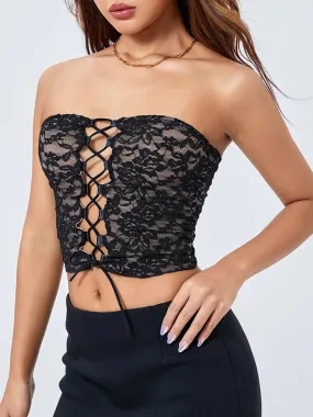 Embroidery Strapless Cross Tie-Up Tank Summer Backless Crop Lace Top