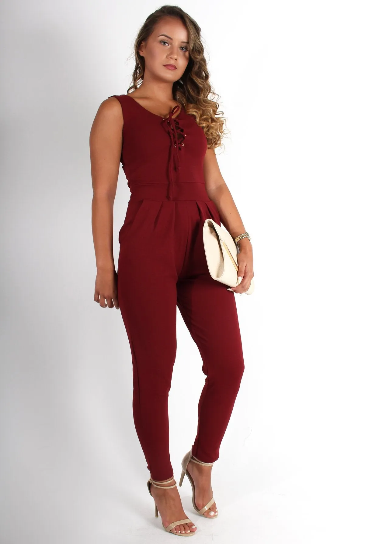 Emily Wine Tie Front Jumpsuit