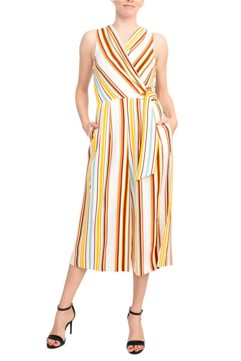 Emma & Michele V-Neck Zipper Back Mock Buckle Wrap Gaucho Print Crepe Jumpsuit