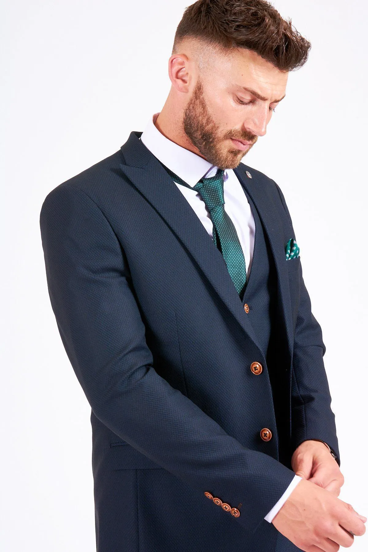 Emmerdale's Bradley Johnson (Vinny Dingle) in Max Navy Suit