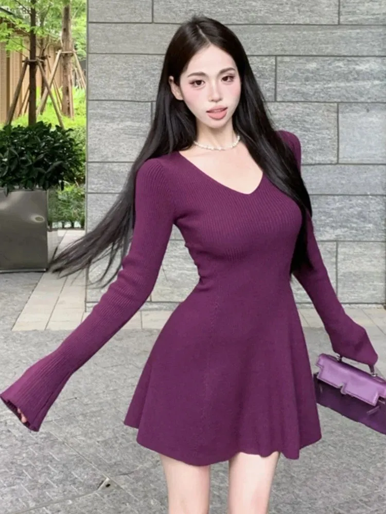 Fashionkova Sexy Knitted Dresses for Women Solid V-neck Flare Sleeve A-line Autumn Sweater Short Dress Korean Fashion Vestidos Mujer New