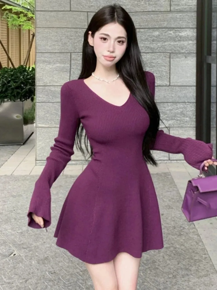 Fashionkova Sexy Knitted Dresses for Women Solid V-neck Flare Sleeve A-line Autumn Sweater Short Dress Korean Fashion Vestidos Mujer New