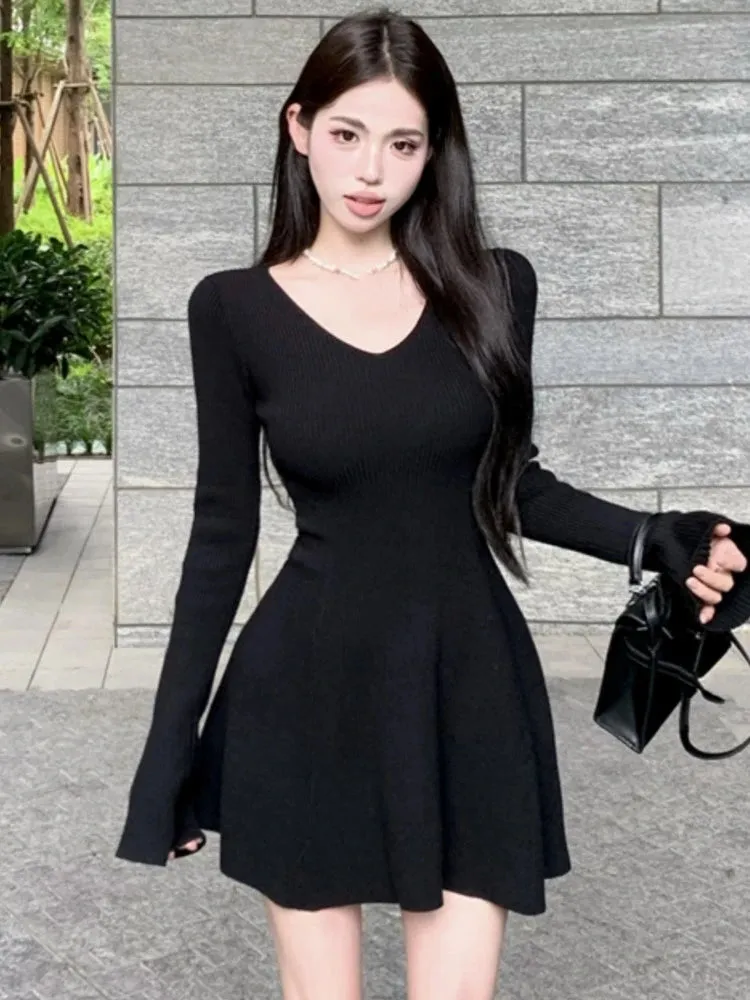 Fashionkova Sexy Knitted Dresses for Women Solid V-neck Flare Sleeve A-line Autumn Sweater Short Dress Korean Fashion Vestidos Mujer New