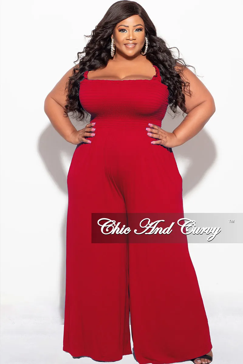 Final Sale Plus Size Jumpsuit with Smocking & Elastic Straps in Red