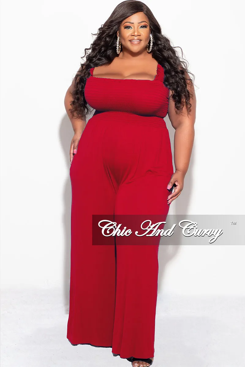 Final Sale Plus Size Jumpsuit with Smocking & Elastic Straps in Red