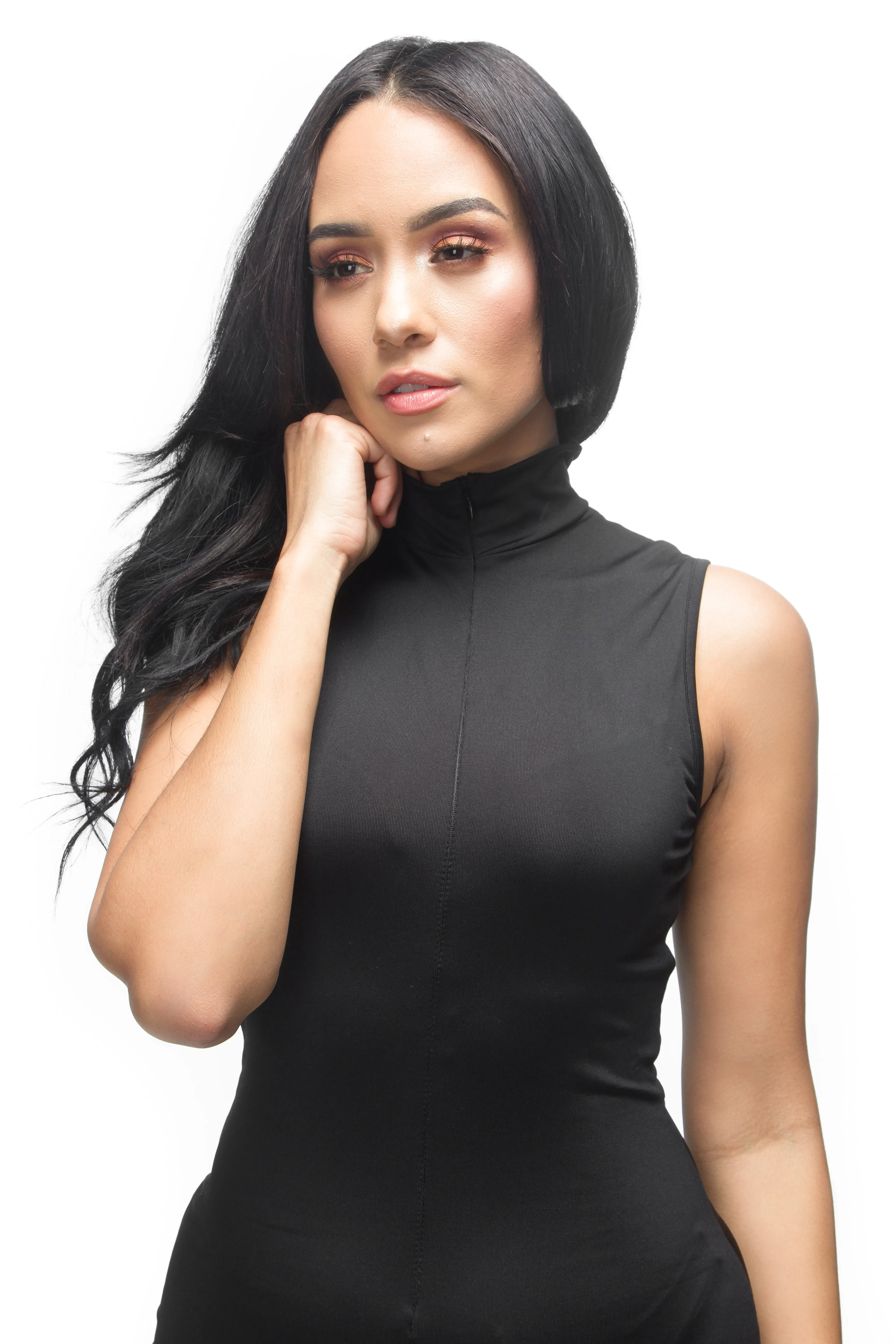 FINAL SALE-THE MYSTYLEMODE BLACK MOCK NECK SHORT JUMPSUIT WITH ZIPPER