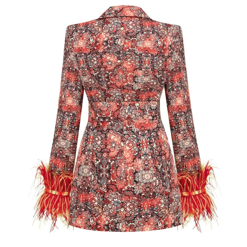 Floral Feather Long Sleeve Mini Blazer Dress