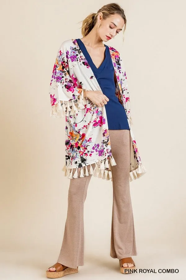 Floral Frayed Tassel Kimono Plus Size