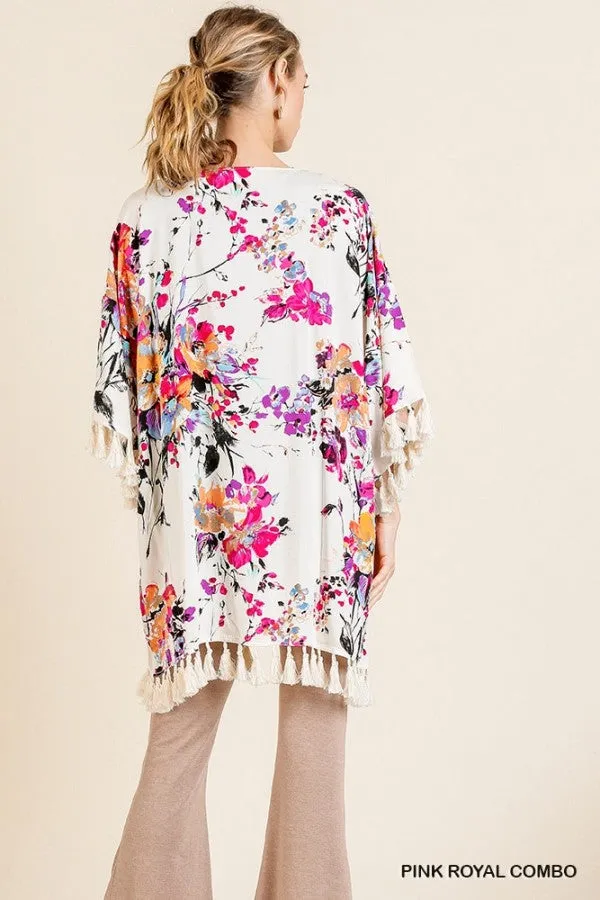 Floral Frayed Tassel Kimono Plus Size