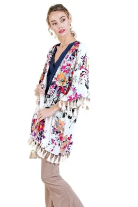 Floral Frayed Tassel Kimono Plus Size